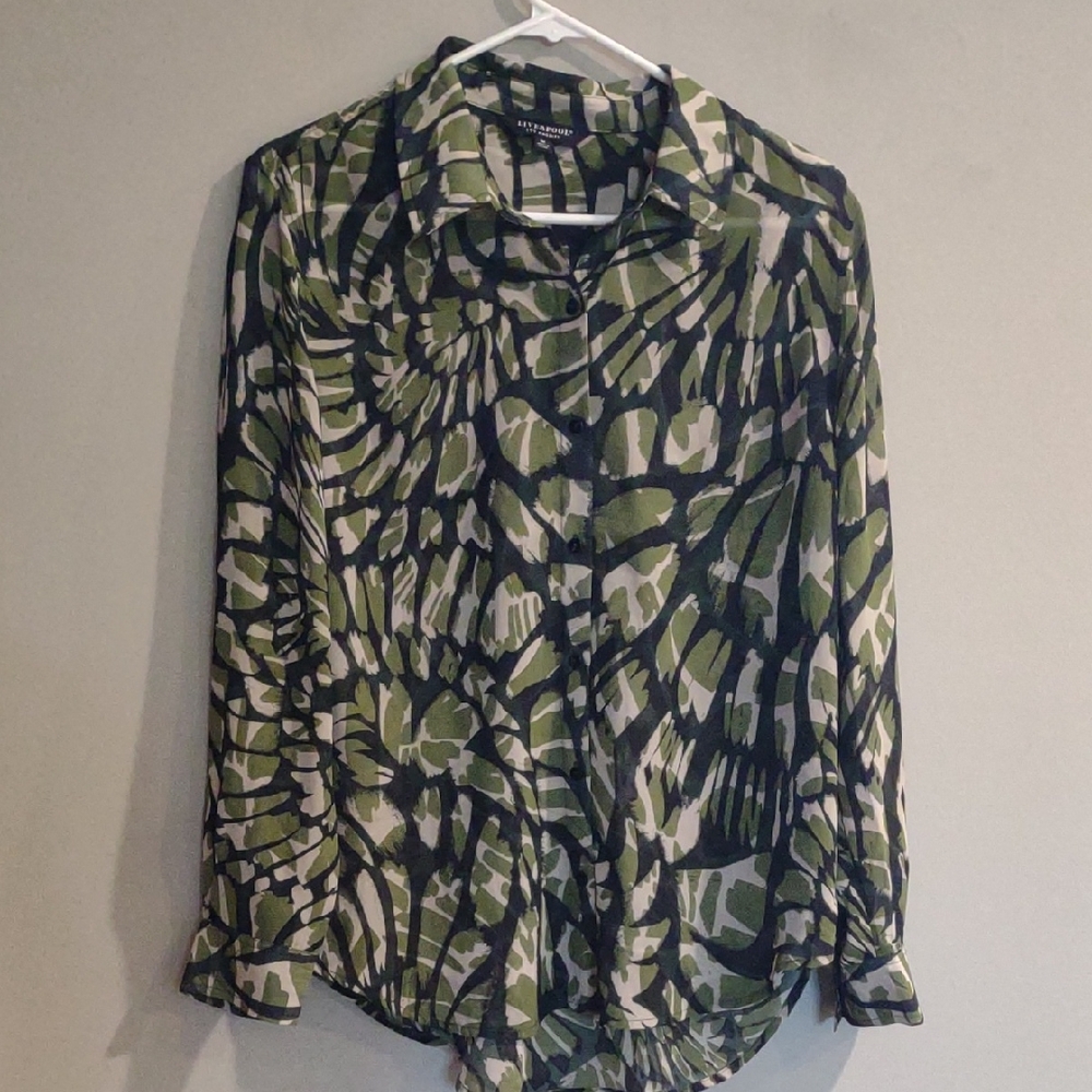 NWT Liverpool Womens Medium Green and Black Long Sleeve Sheer Button Down Shirt